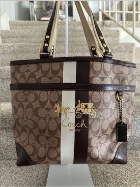 Coach Brown and Cream Stripe Signature Tote